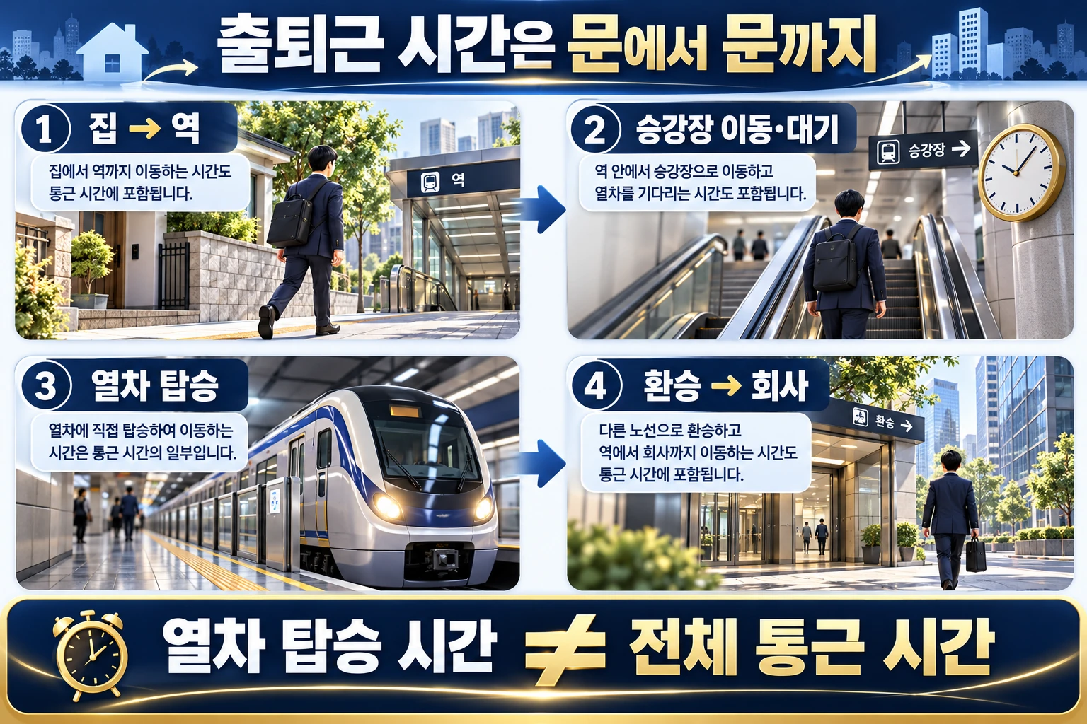 GTX-A 출퇴근을 집 역 승강장 대기 열차 환승 회사 이동으로 나눈 도식