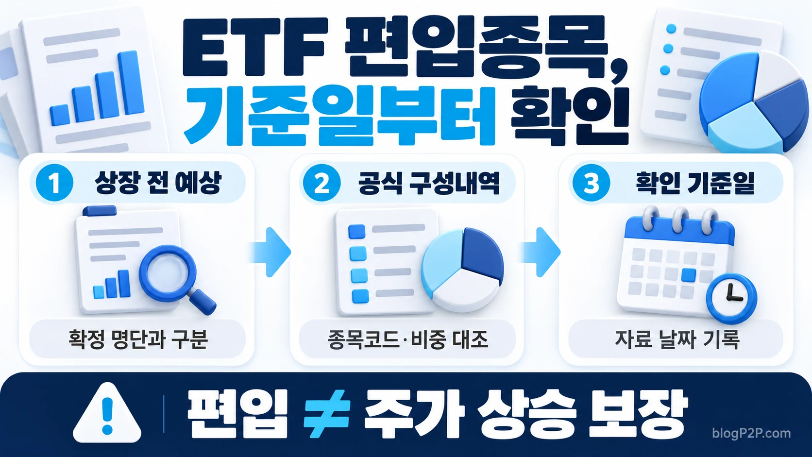 ETF의 상장 전 예상과 공식 구성내역, 확인 기준일을 구분하는 도식