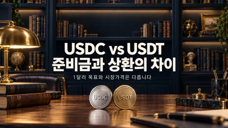 USDC와 USDT의 준비금·상환 차이를 안내하는 금융 서재 대표 이미지