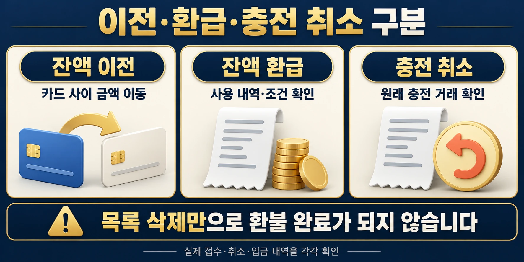잔액 이전과 잔액 환급 및 충전 취소를 별도 절차로 구분한 도식