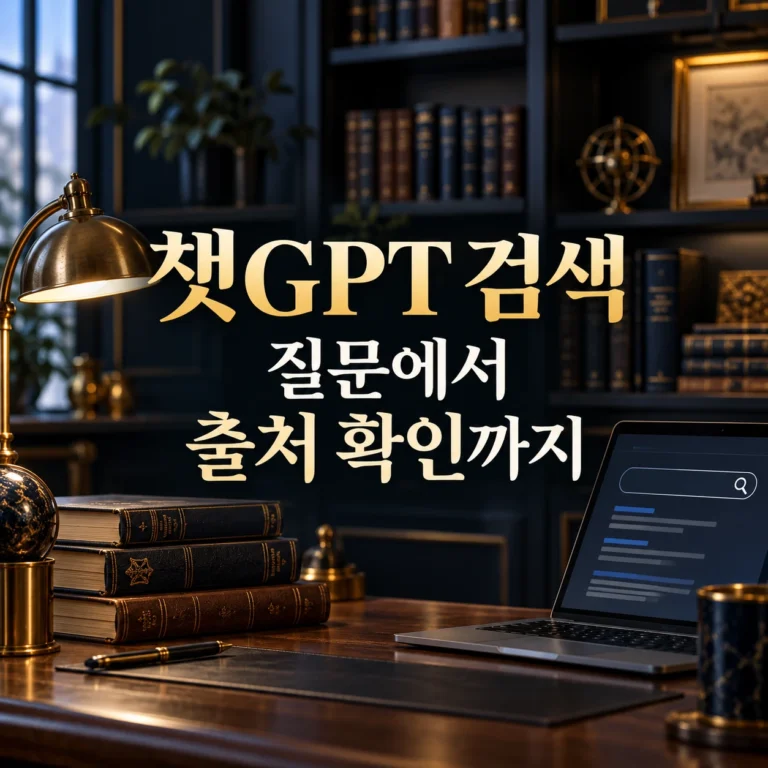 네이비 서재와 노트북을 배경으로 챗GPT 검색의 질문과 출처 확인을 안내하는 대표 이미지