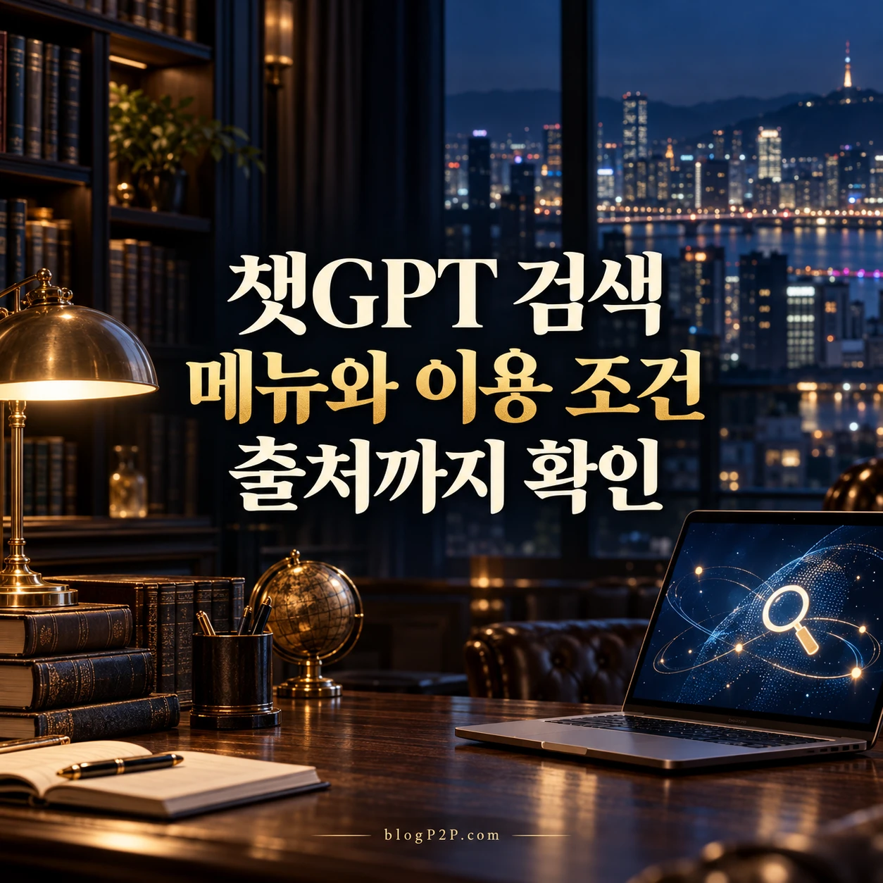 야경이 보이는 네이비 서재에서 챗GPT 검색 메뉴와 이용 조건 및 출처 확인을 안내하는 대표 이미지