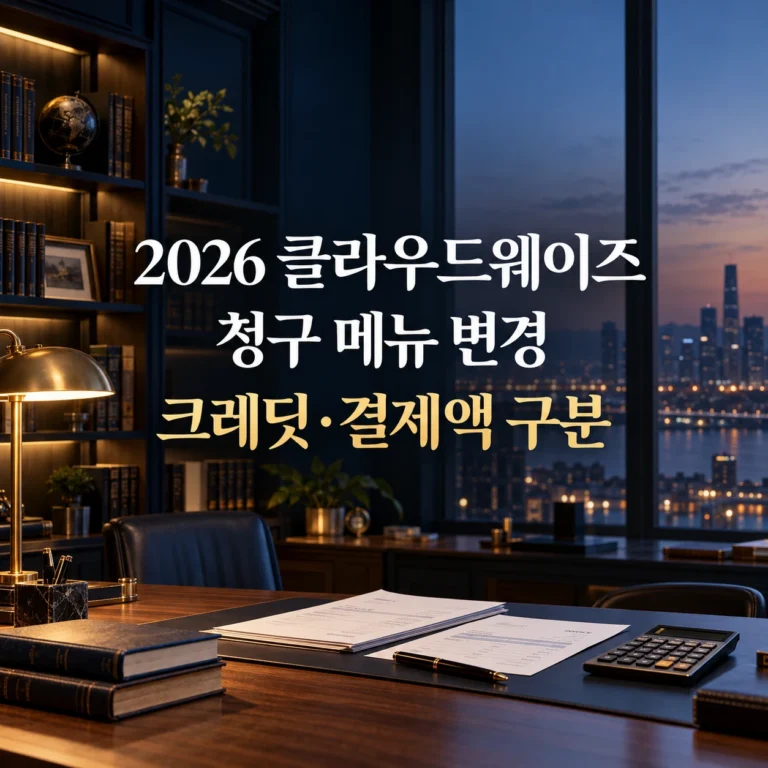 2026 클라우드웨이즈 청구 메뉴 변경과 크레딧 결제액 구분을 안내하는 금융 서재