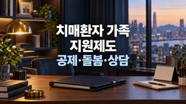 치매환자 가족 지원제도의 공제와 돌봄 및 상담을 안내하는 네이비 서재
