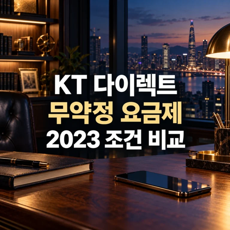 2023년 KT 다이렉트 무약정 요금제의 조건 비교를 안내하는 네이비 서재