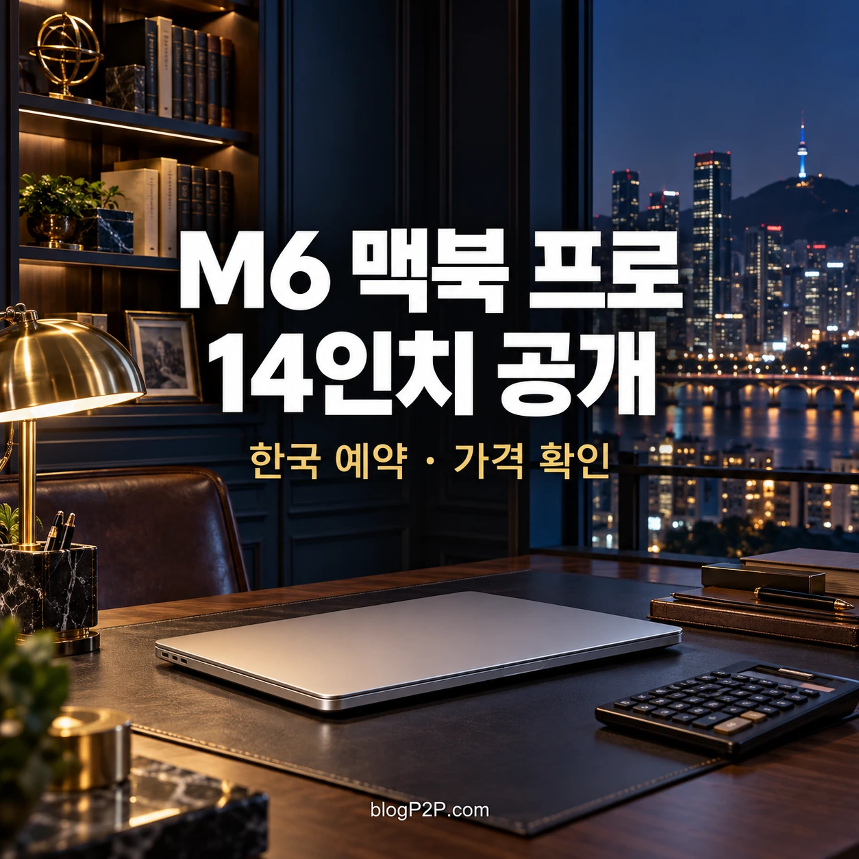 M6 맥북 프로 14인치 공개와 한국 예약 가격 확인을 안내하는 네이비 서재