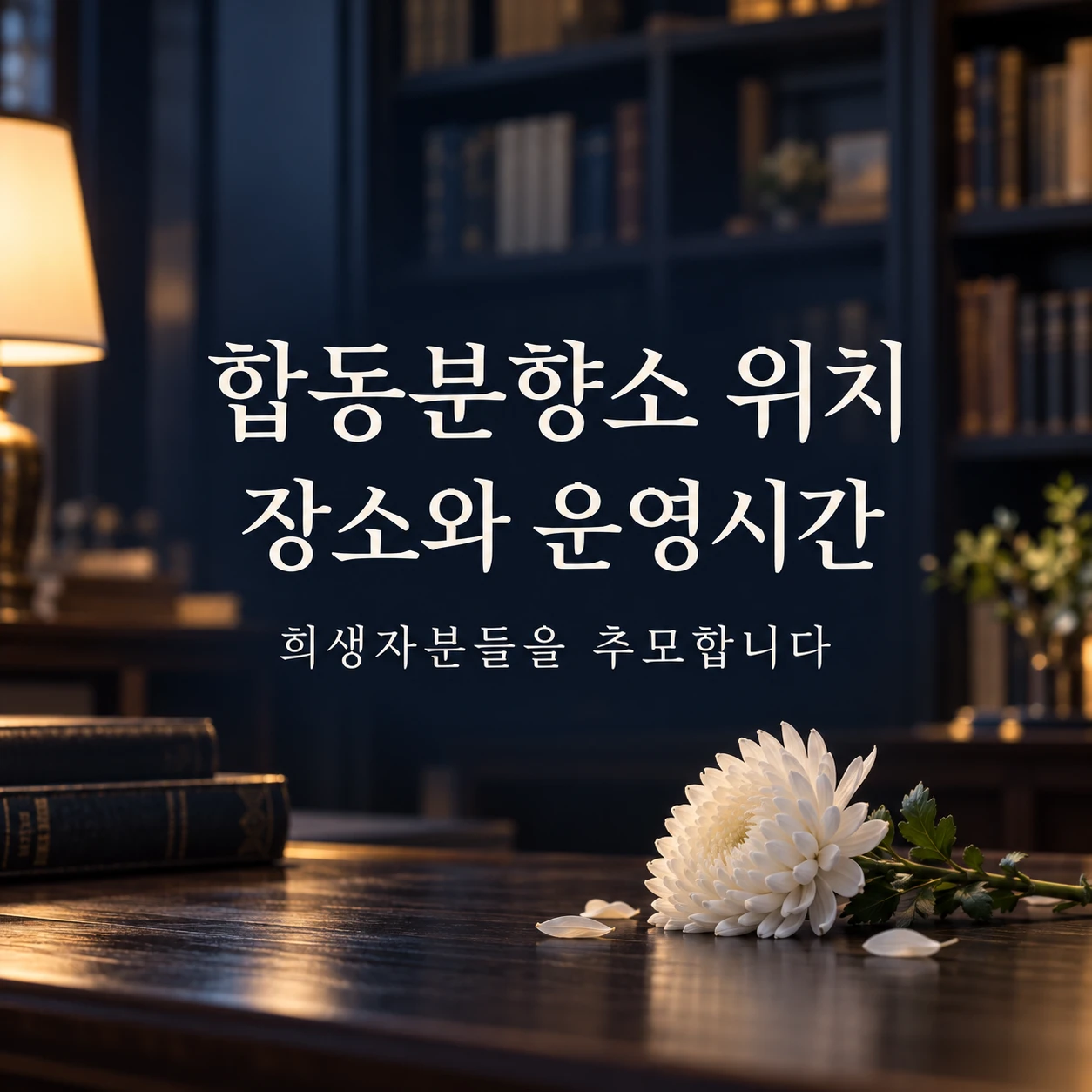 흰 국화와 함께 합동분향소 위치 안내를 담은 상징적인 서재