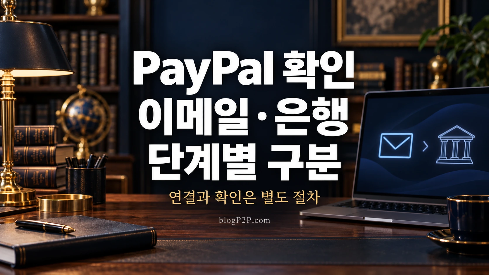 PayPal 이메일 확인과 은행 연결 및 소유 확인 단계를 안내하는 금융 서재