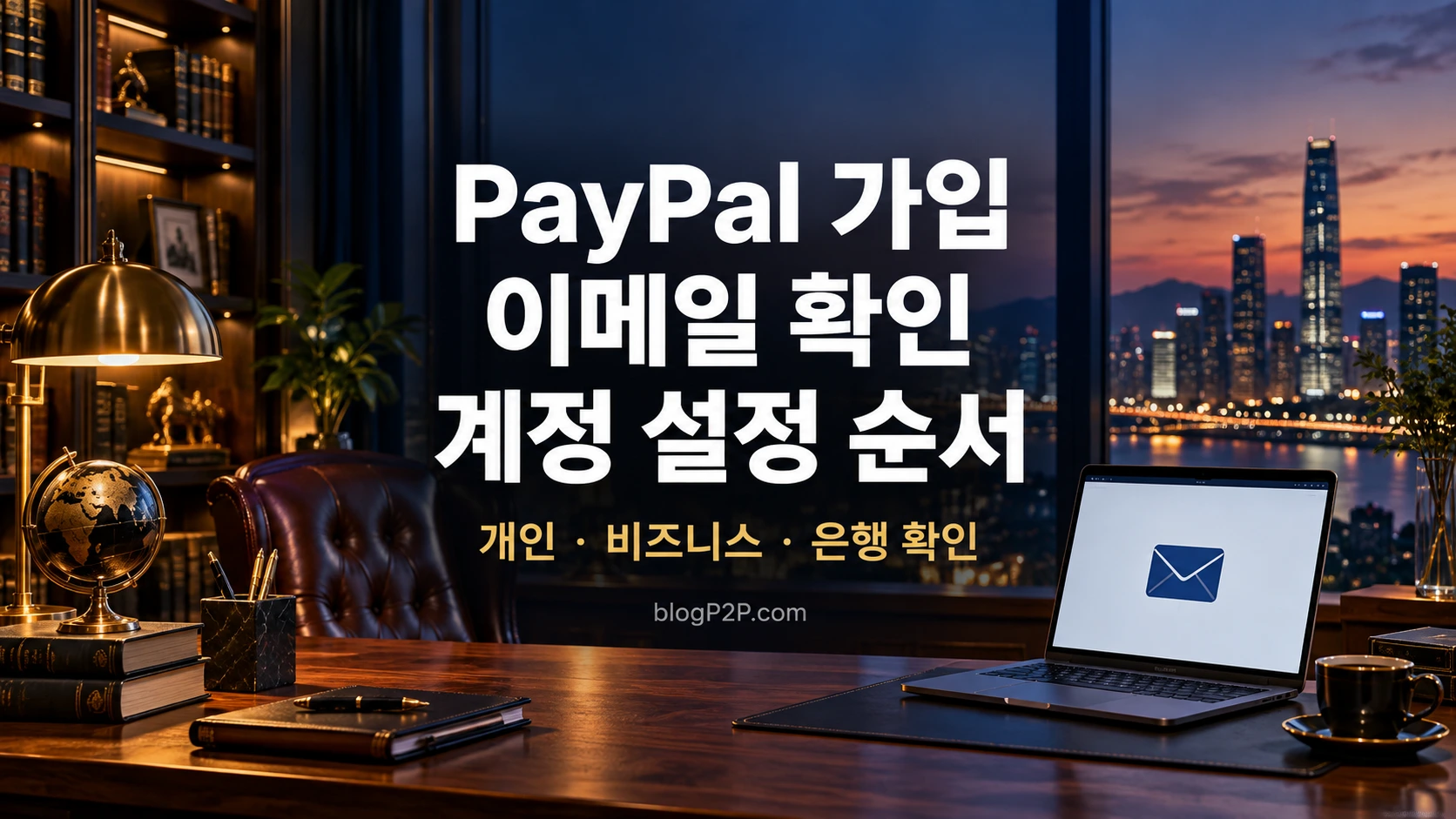 PayPal 가입과 이메일 확인 및 계정 설정 순서를 안내하는 금융 서재