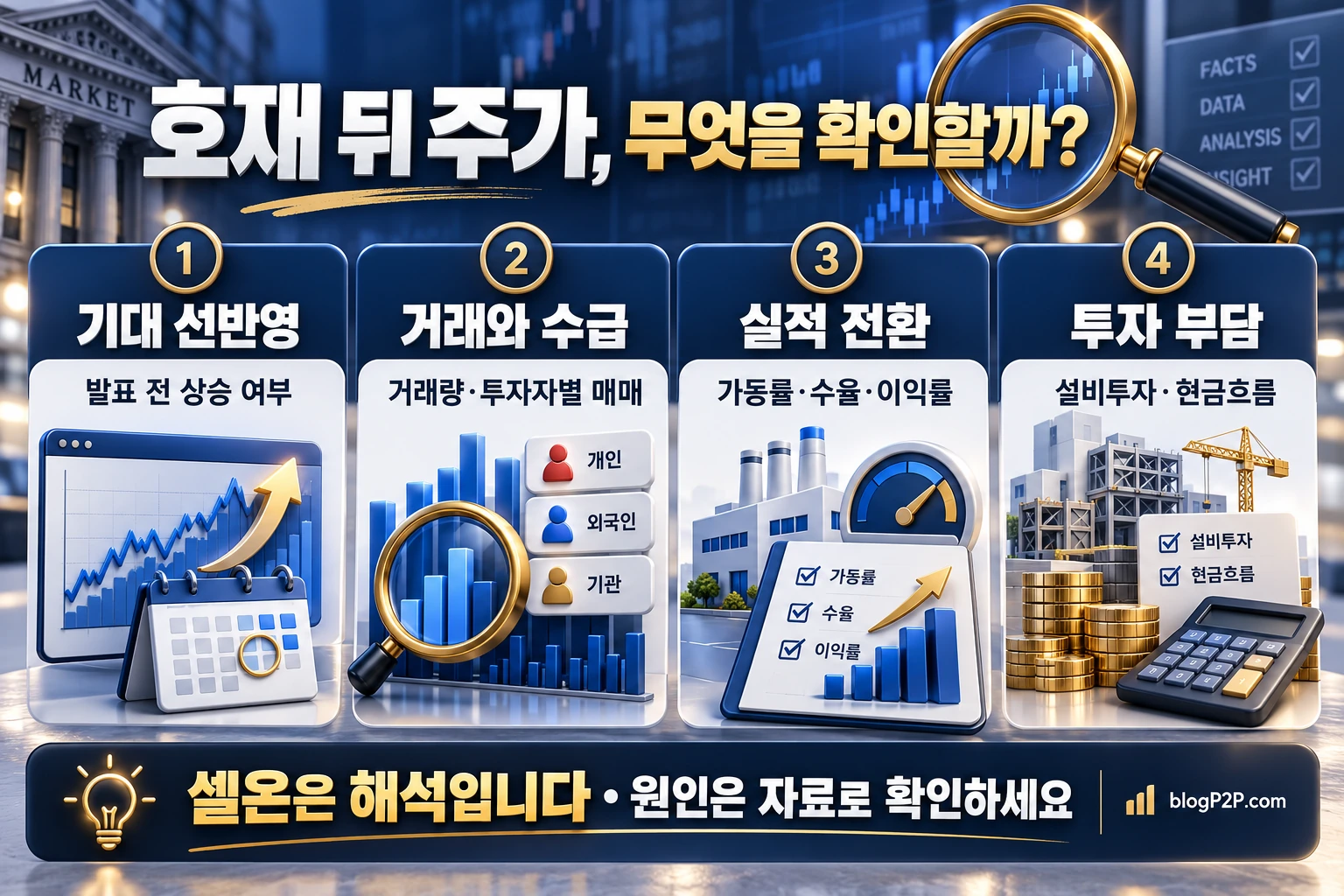 호재 이후 기대 선반영, 거래와 수급, 실적 전환, 투자 부담을 확인하는 네 항목