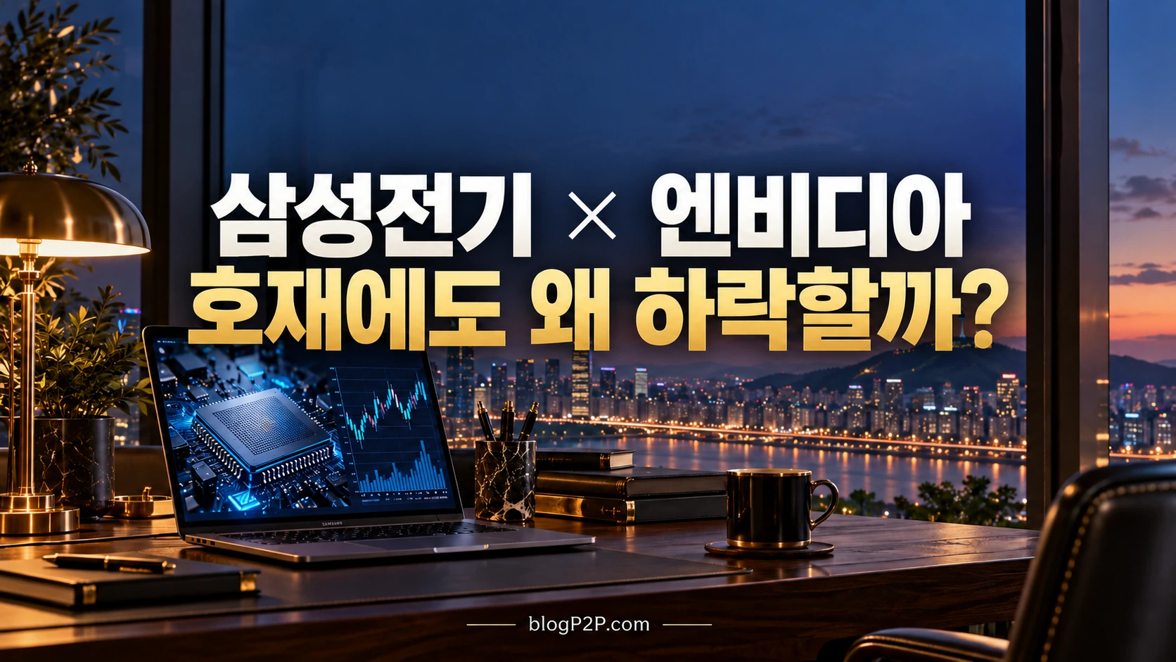삼성전기·엔비디아 호재에도 왜 하락할까: 도시 야경을 바라보는 금융 서재와 반도체 화면