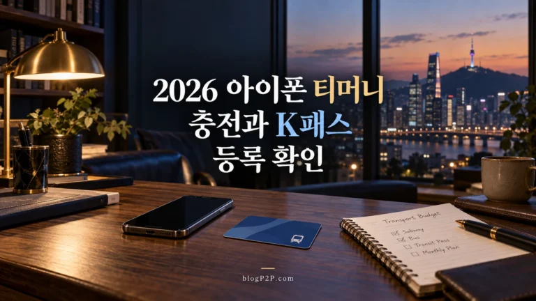 2026 아이폰 티머니 충전과 K패스 등록 확인을 안내하는 네이비 서재