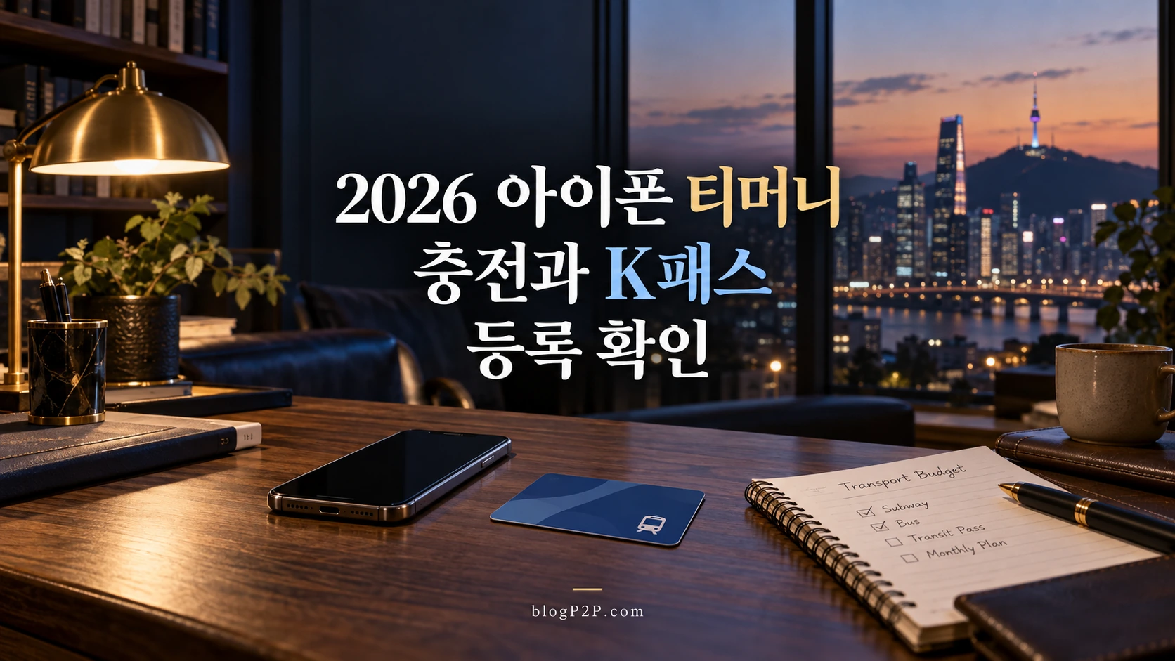 2026 아이폰 티머니 충전과 K패스 등록 확인을 안내하는 네이비 서재