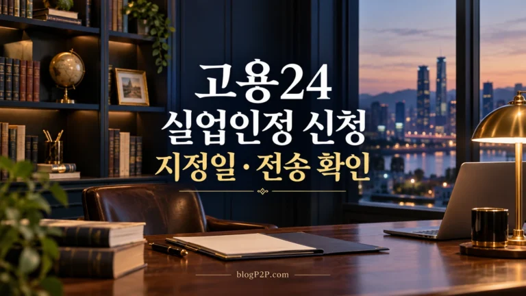 고용24 실업인정 신청의 지정일과 전송 확인을 안내하는 네이비 서재