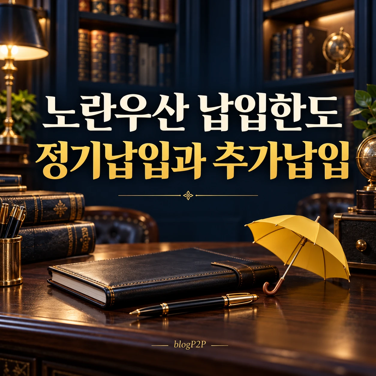 노란 우산과 네이비 금융 서재 위 노란우산 납입한도 및 정기납입과 추가납입 문구